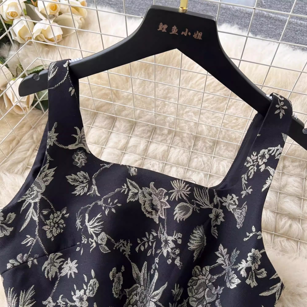 Basic Casual Dresses 2024 Summer Runway Flower Embroidery Jacquard Dress Womens Spaghetti Strap Backless With Belt Lace Trims Evening Party Vestidos