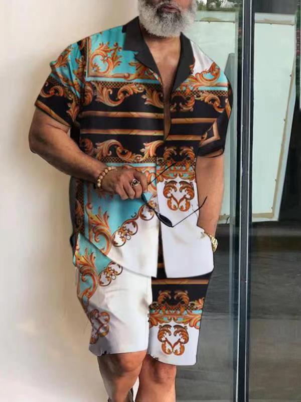 Men's Tracksuits Men High Quality Hawaiian Sets Summer Print Short Sleeve Shirt Beach Button Shorts Streetwear Holiday Men's Two Piece Suit 