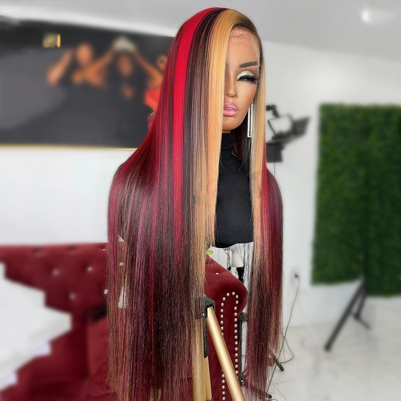 Highlight Red Blonde Colored Straight Body Wave Wear and Go Glueless Wig Pre-Plucked 13x6 Lace Frontal Human Hair Wig Ready To Wear for Women