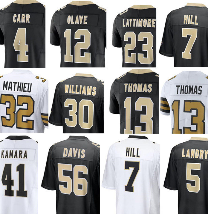 Football Jersey 23 Marshon Lattimore 12 Chris Olave 41 Alvin Kamara 13 Michael Thomas 32 Tyrann Mathieu 4 Derek Carr 94 Cameron 30 Jamaal Williams 56 Demario Davis