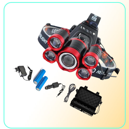 15000 Lumens 5 LED Headlamp T6 Headlight 4 modes Zoomable LED Headlamp Rechargeable Head Lamp Flashlight 2 18650 Battery AC DC Cha