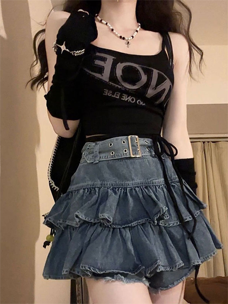 Skirts Y2K Vintage Women Korean Pleated Belted Short Denim Mini Skirts Aesthetic Fairy Grunge High Waist Jeans A-line Skirt Alt Clothes 230811