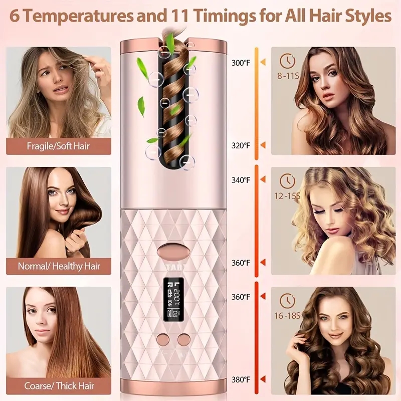 Cordless Automatic Curler: 6 Temperature Settings, Timer, Portable & Rechargeable, Fast Heating & Automatic Shutoff