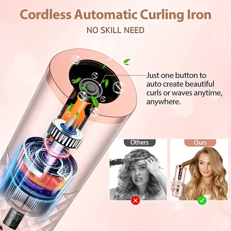 Cordless Automatic Curler: 6 Temperature Settings, Timer, Portable & Rechargeable, Fast Heating & Automatic Shutoff
