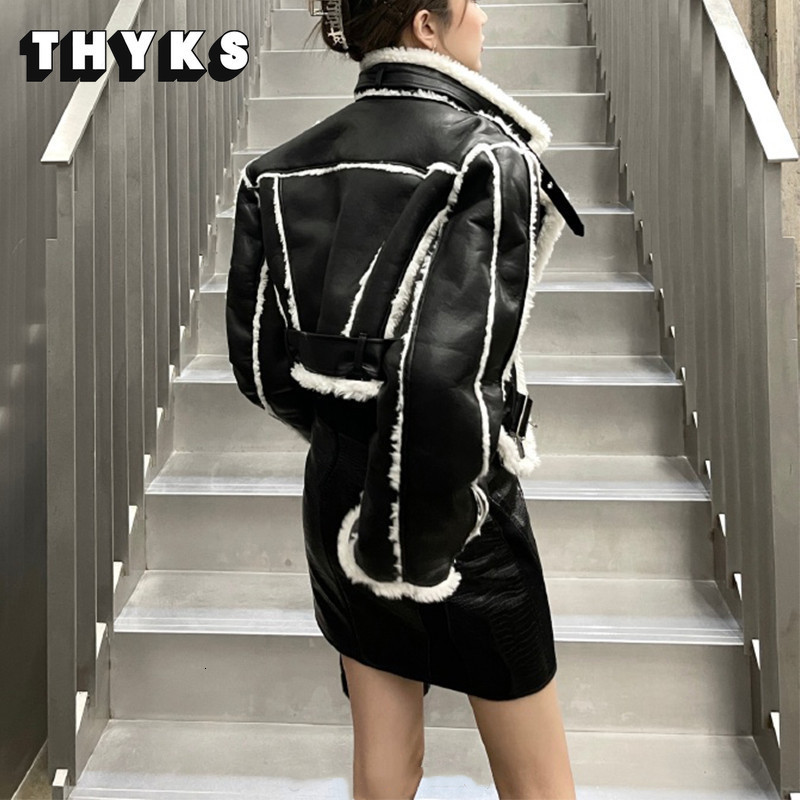 Women's Jackets High Street Biker Short Jacket Fashion Thick Warm PU Leather Ladies Retro Belt Long Sleeve Chic Top 230812