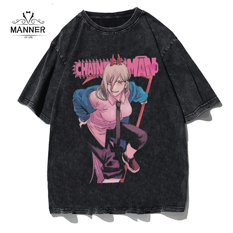 Men's T-Shirts Chainsaw Man T Shirt Men Summer Oversized Anime Acid Washed Tshirt 100% Cotton Tees Hip Hop High Street Vintage Manga Printed 230812