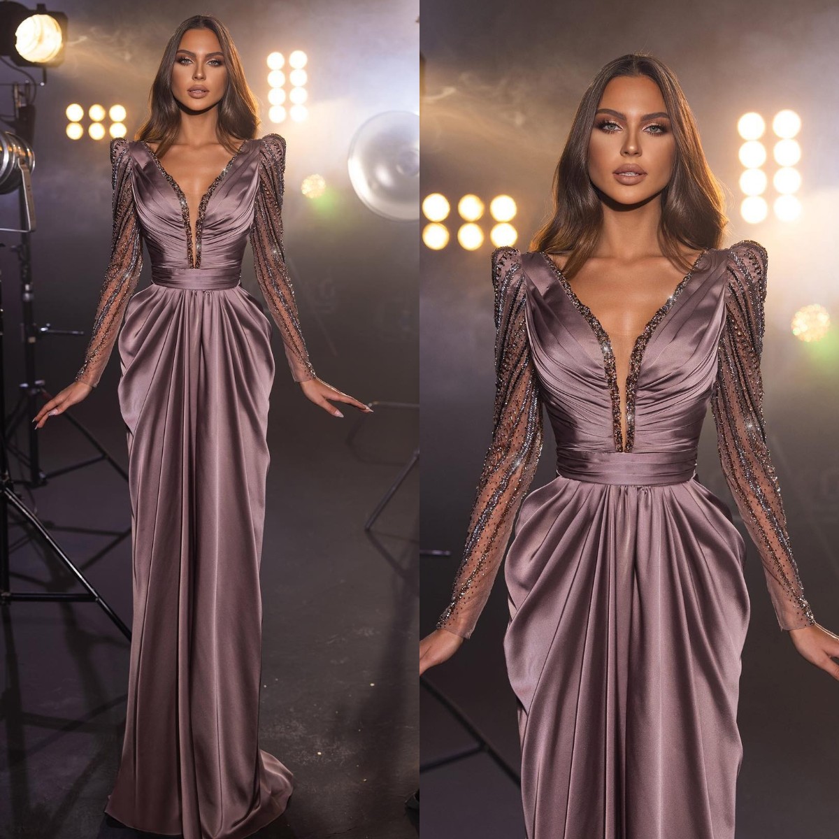 Elegant Sheath Evening Dresses V Neck Beading Sleeves Party Prom Pleats Formal Long Red Carpet Dress for special ocn
