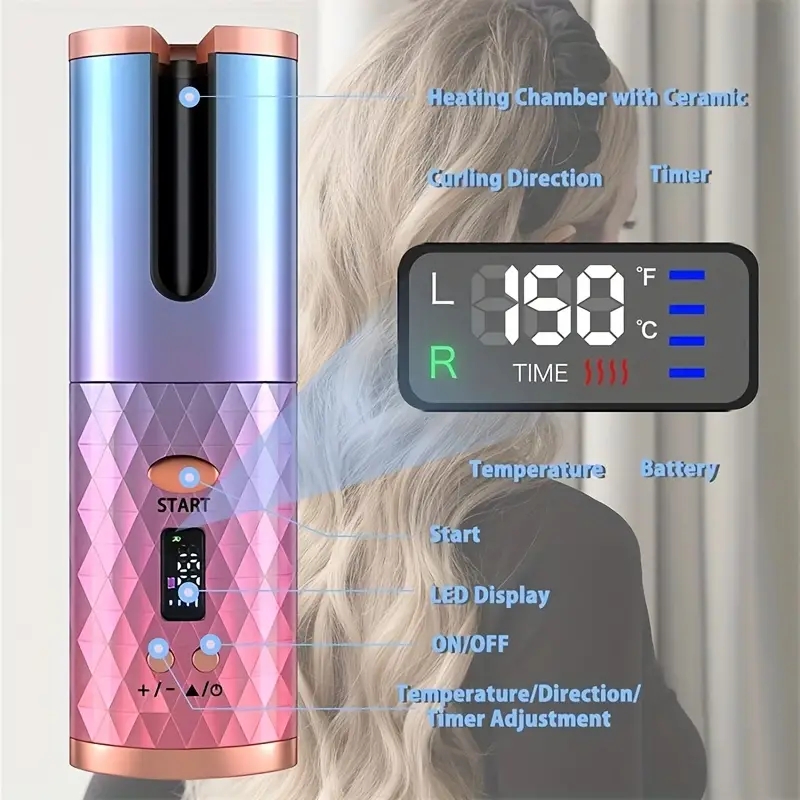 Rechargeable Cordless Automatic Hair Curler: 6 Temperature & Timer Settings, Fast Heating, & Automatic Shut-off