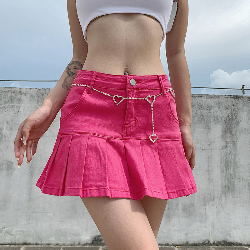 Skirts y2k Pink Denim Pleated Skirts Mini Solid Casual Woman Fashion Korean Style High Waist Skirt with Lined Club Party Girls 230811