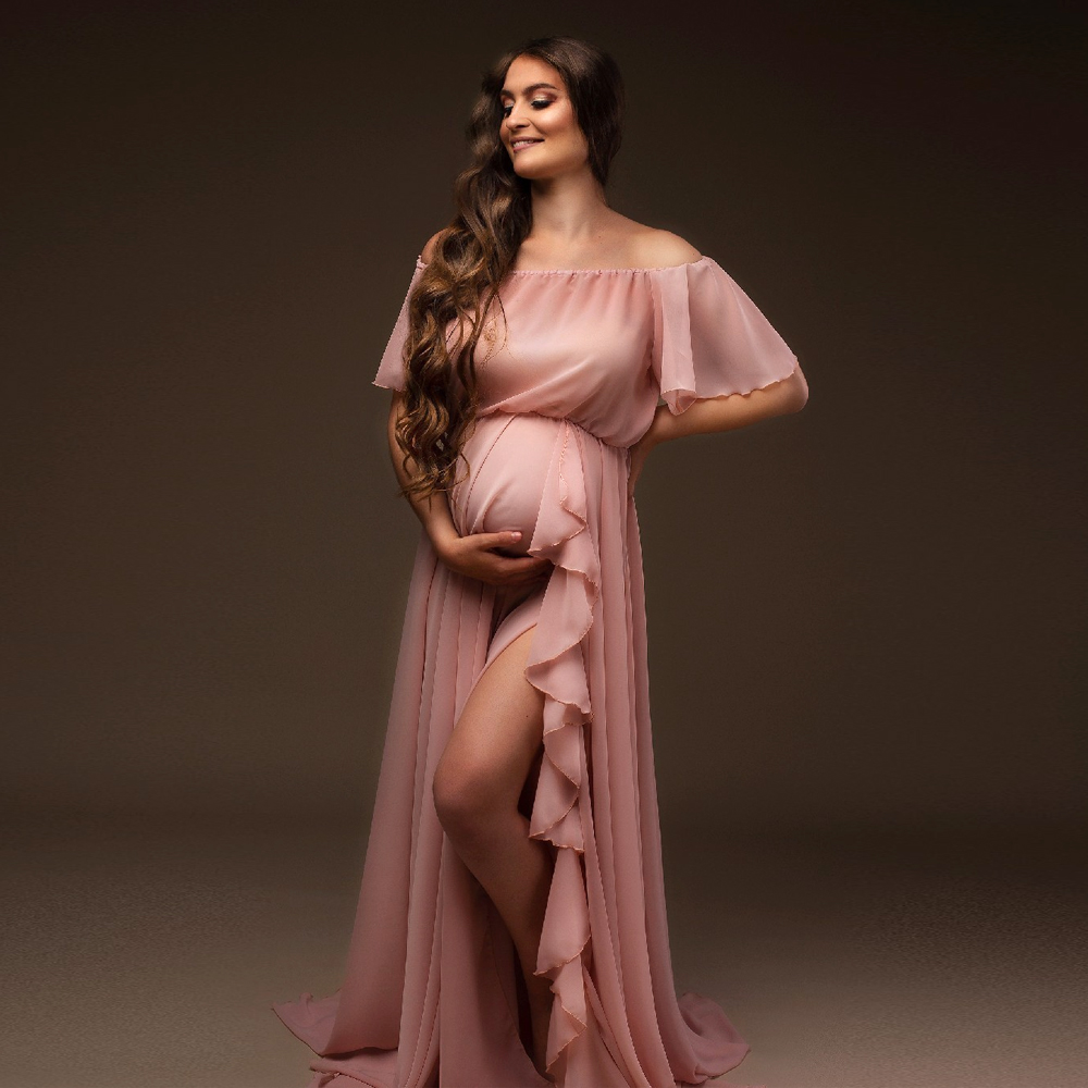 Off the Shoulder Pregnancy Bridal Robe Ruffle Sleeve Chiffon Maternity Photography Dress Bohemian Side Split Baby Shower Wear