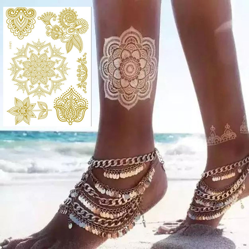 Temporary Tattoos Waterproof Tattoo Sticker Flowers Mandala Henna Rose Gold Metallic Flash Tatoo Boho Lotus Jewelry Glitter Body Art 230812
