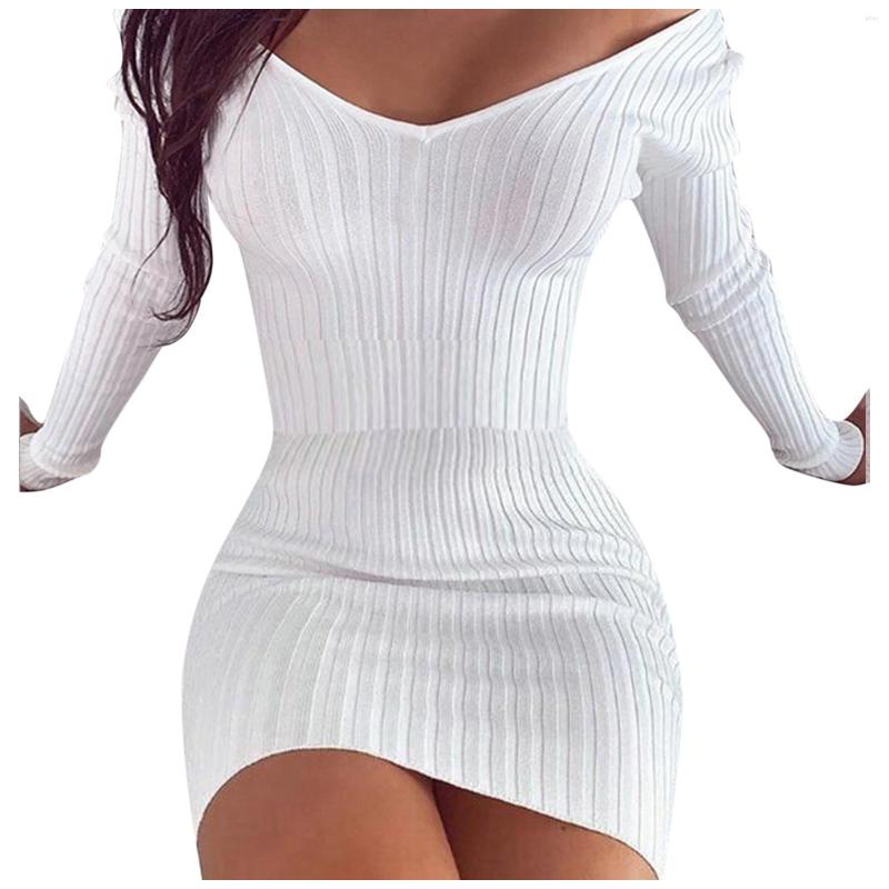 Casual Dresses Autumn Winter Womens Dress V Neck Long Sleeves Slim Thin Hip Warm Sweater Knitting Solid Color Bodycon Vestido