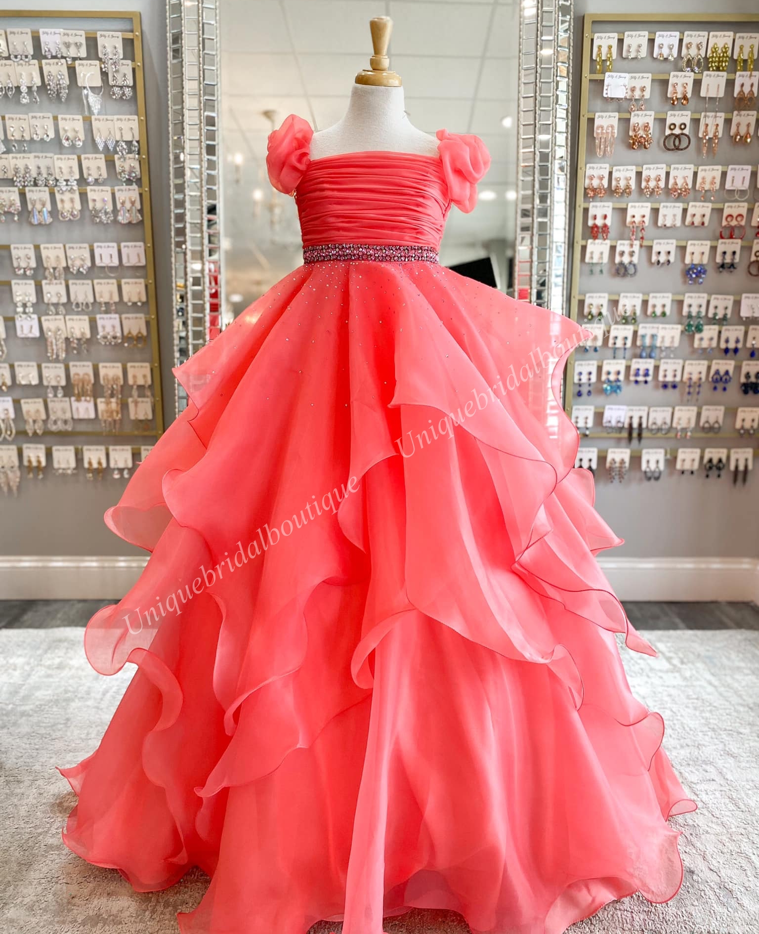 Coral Ballgown Girl Pageant Dress 2024 Puff Sleeve Ruffle Layer Little Kid Birthday Formal Party Gown Infant Toddler Teens Tiny Young Junior Miss Ligh