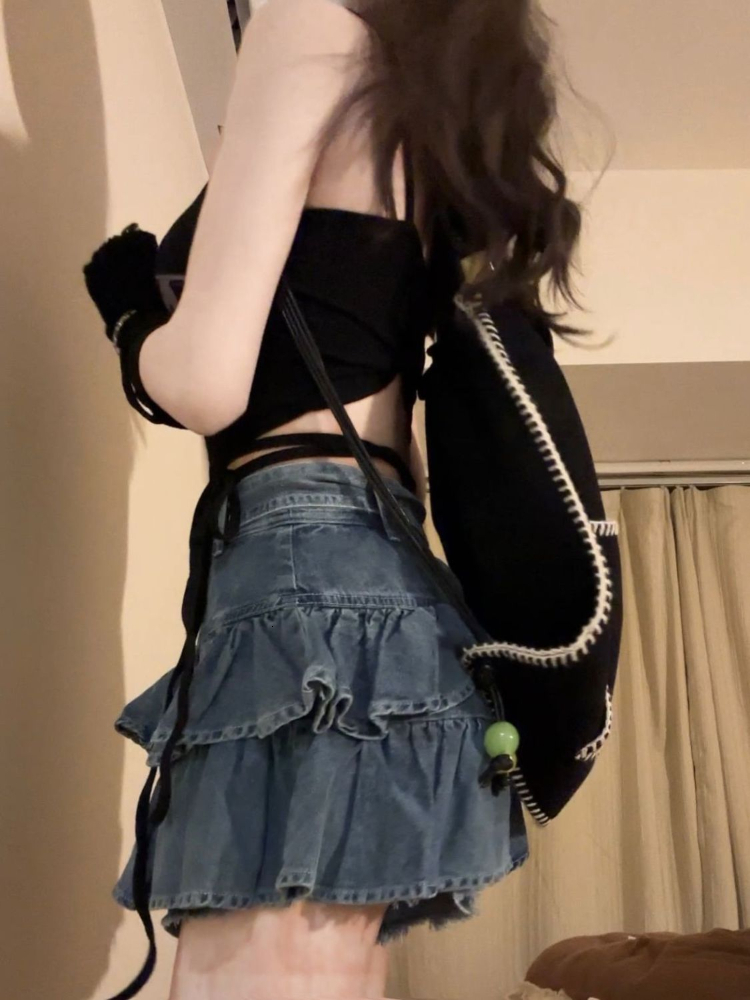 Skirts Y2K Vintage Women Korean Pleated Belted Short Denim Mini Skirts Aesthetic Fairy Grunge High Waist Jeans A-line Skirt Alt Clothes 230811