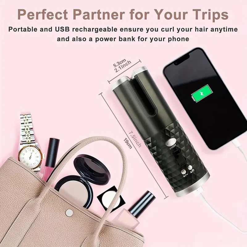 Cordless Automatic Curling Iron with 6 Temperatures and Timers - Portable Rechargeable Curling Wand with Fast Heating and Auto Shut Off