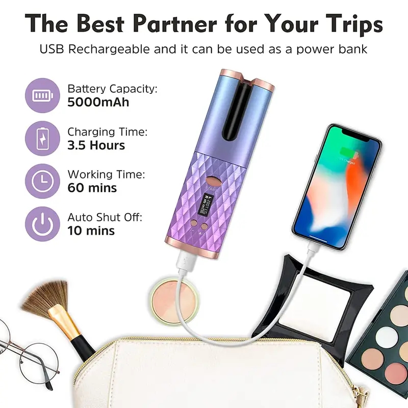 Cordless Automatic Curling Iron with 6 Temperatures and Timers - Portable Rechargeable Curling Wand with Fast Heating and Auto Shut Off