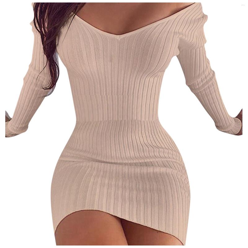 Casual Dresses Autumn Winter Womens Dress V Neck Long Sleeves Slim Thin Hip Warm Sweater Knitting Solid Color Bodycon Vestido