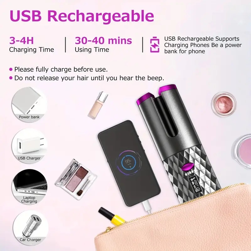 Automatic Curling Iron, Cordless Auto Hair Curler, Ceramic Rotating Hair Curler With 6 Temps & Timers, Portable Rechargeable Curling Wand,Fast Heating