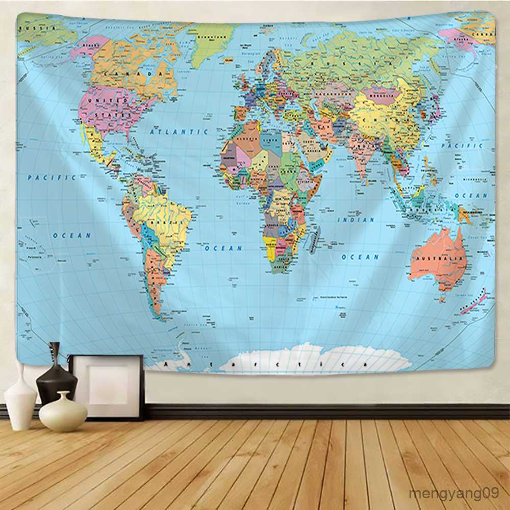 Tapestries World Map Tapestry High-Definition Map Fabric Wall Hanging Decor Watercolor Map Table Cover for Home Decor R230812