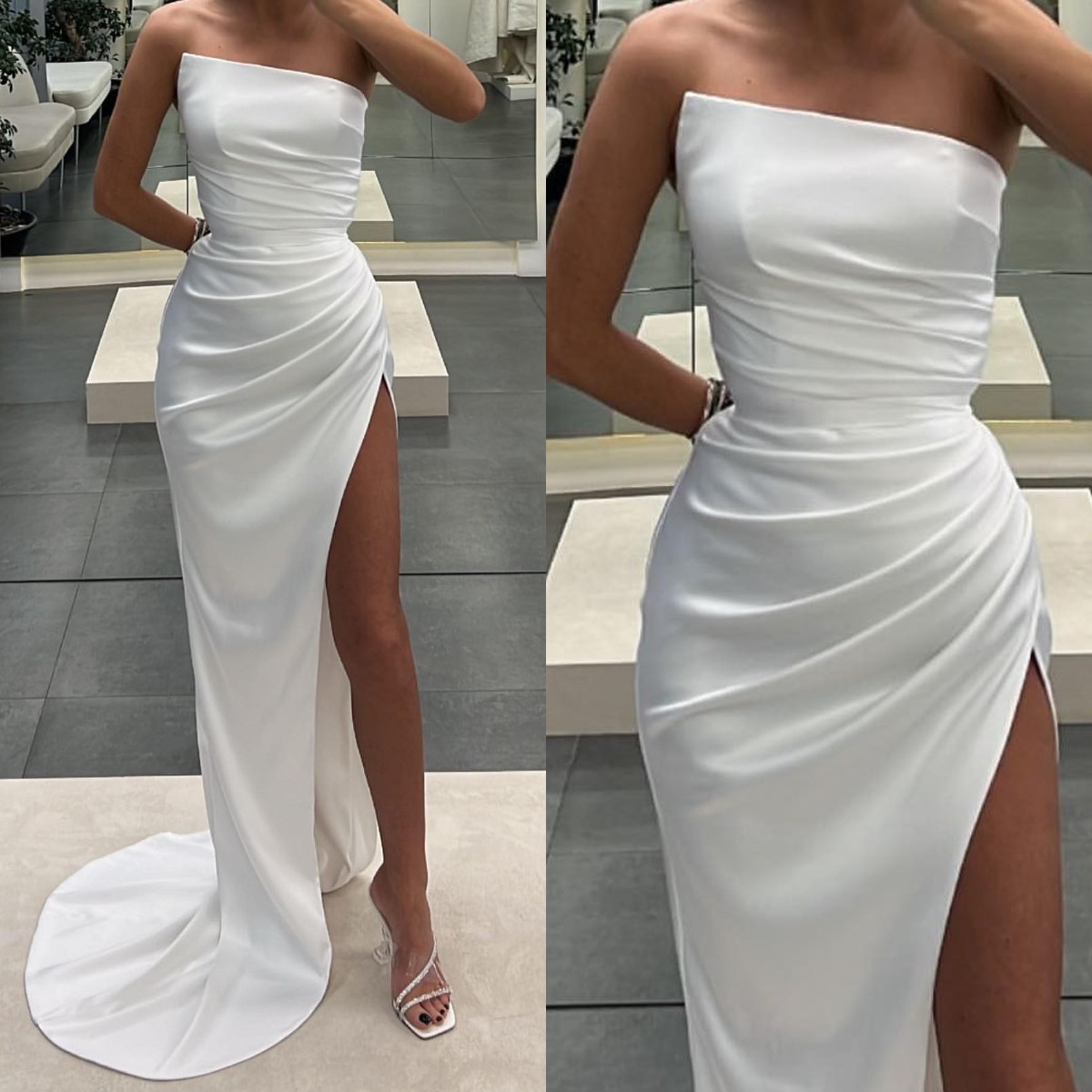 Elegant Mermaid Prom Dresses Strapless Satin Evening Dress Pleats Backless Split Formal Long Special Ocn Party Dress 0227Lz