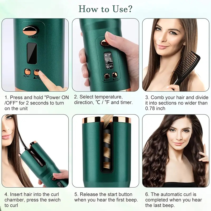 USB Rechargeable Auto Ceramic Curling Iron - LED Display, Automatic Rotating Hair Styling Waver for Smooth and Shiny Hair