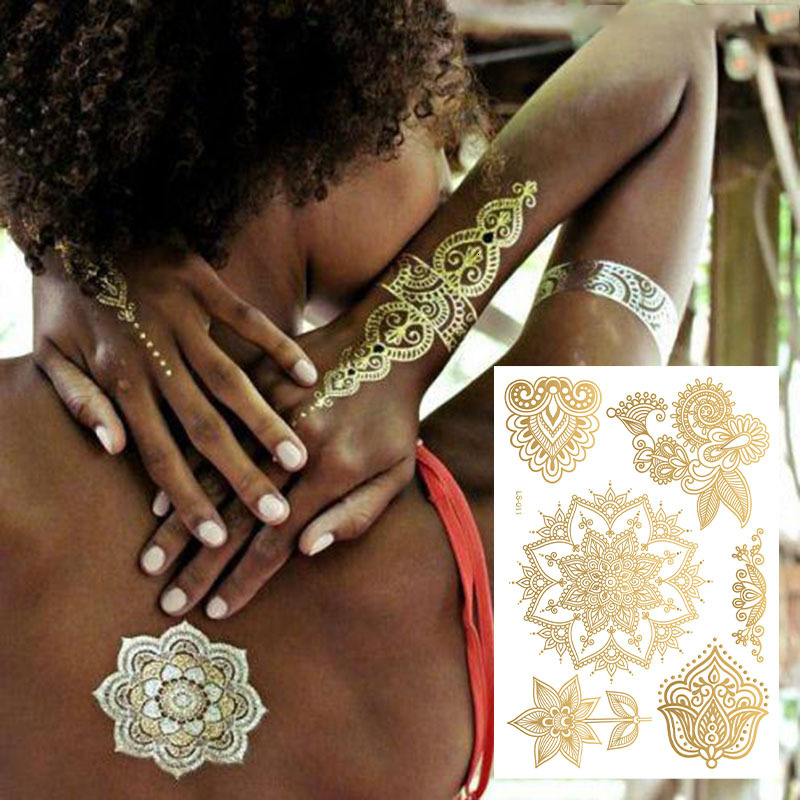 Temporary Tattoos Waterproof Tattoo Sticker Flowers Mandala Henna Rose Gold Metallic Flash Tatoo Boho Lotus Jewelry Glitter Body Art 230812