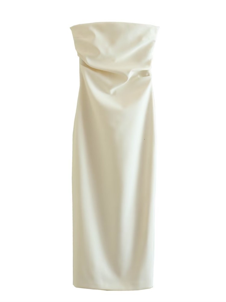 Basic Casual Dresses Sexy Slim Strapless Pleated Maxi Dress Summer Women Fashion Back Slit Backless Ladies Elegant White Evening 230812