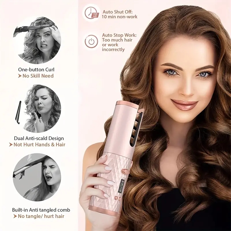 Cordless Automatic Curler: 6 Temperature Settings, Timer, Portable & Rechargeable, Fast Heating & Automatic Shutoff