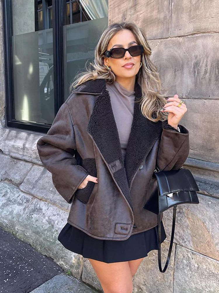 Women's Jackets Cotvotee leather jacket women Winter Lamb Wool Jacket Vintage Turn Down Collar Single Breasted Loose Streetwear 230812