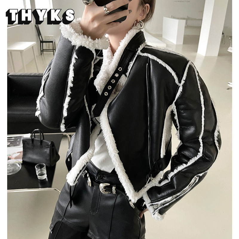 Women's Jackets High Street Biker Short Jacket Fashion Thick Warm PU Leather Ladies Retro Belt Long Sleeve Chic Top 230812