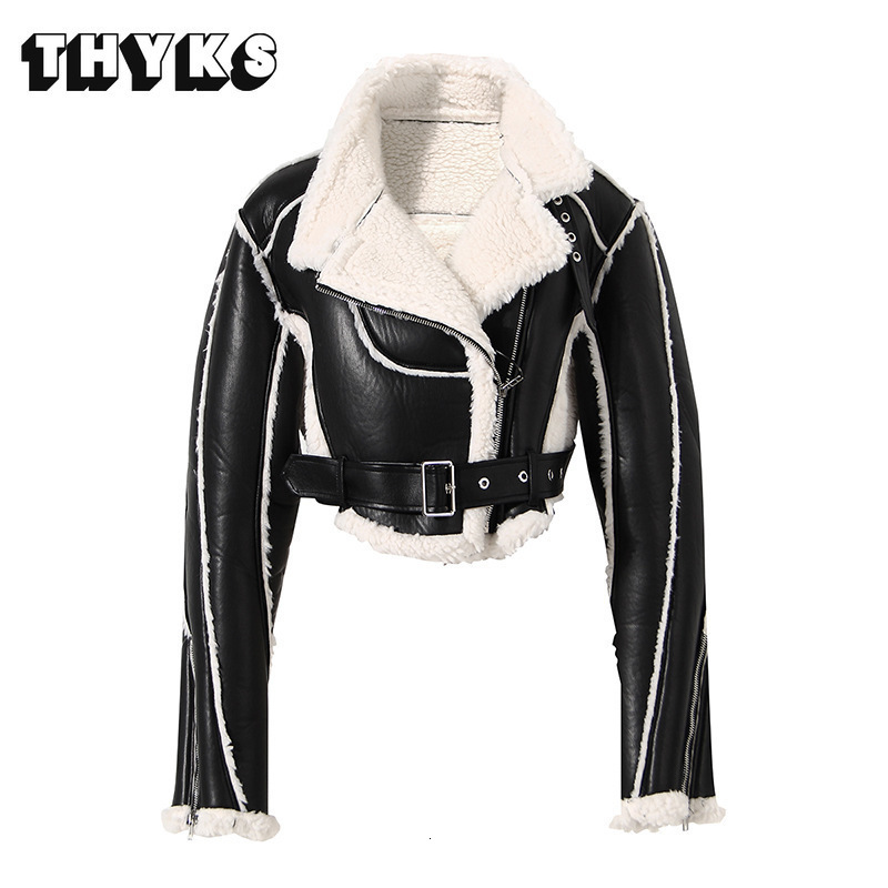 Women's Jackets High Street Biker Short Jacket Fashion Thick Warm PU Leather Ladies Retro Belt Long Sleeve Chic Top 230812