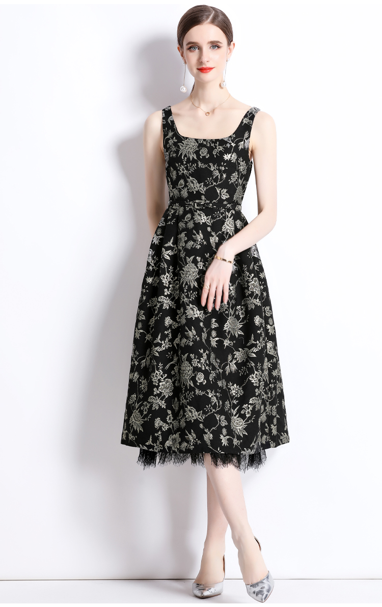 Basic Casual Dresses 2024 Summer Runway Flower Embroidery Jacquard Dress Womens Spaghetti Strap Backless With Belt Lace Trims Evening Party Vestidos