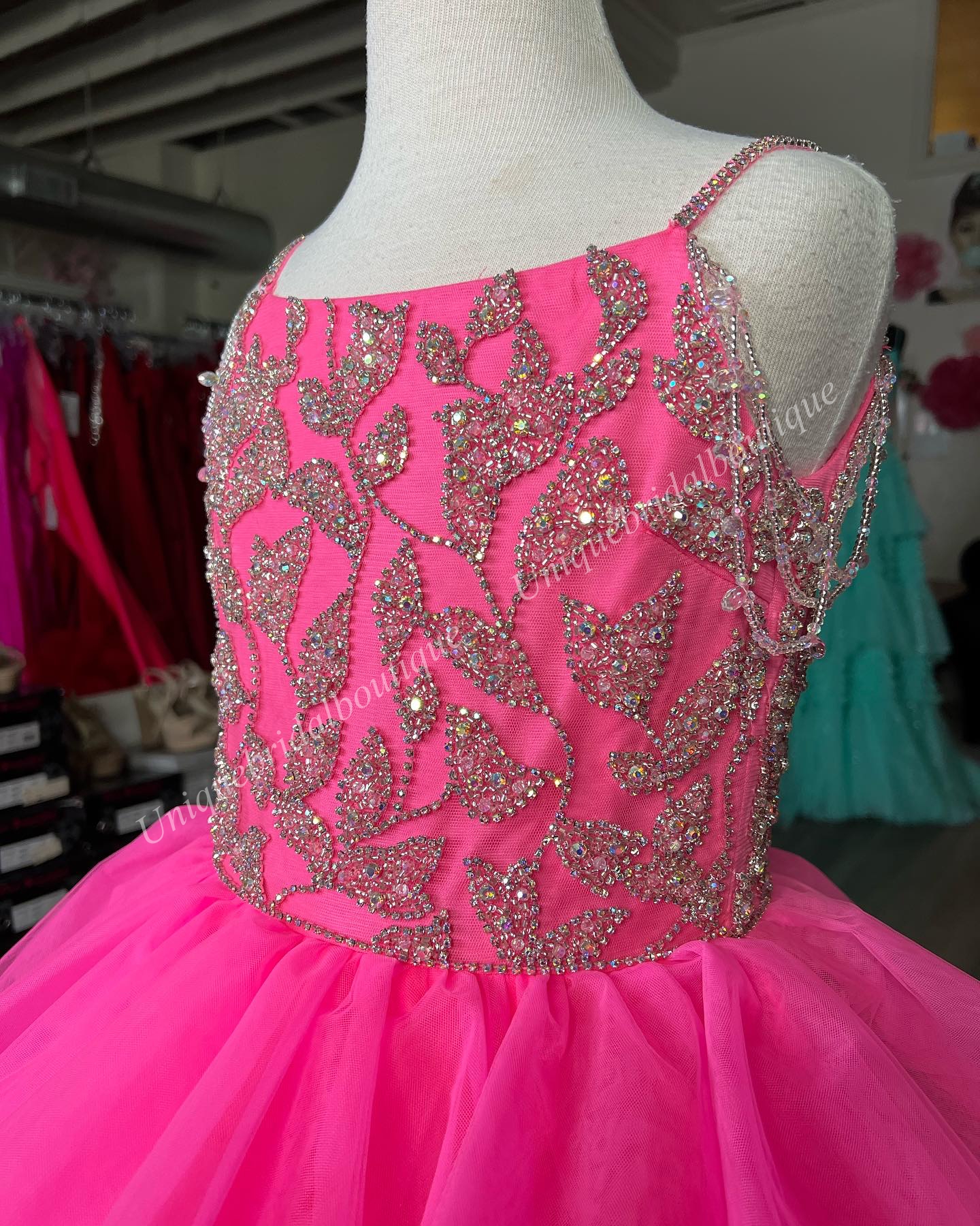 Hot Pink Ballgown Girl Pageant Dress 2025 Crystals Beading Straps Ruffles Tulle Little Kid Birthday Formal Party Gown Infant Toddler Teens Tiny Young 
