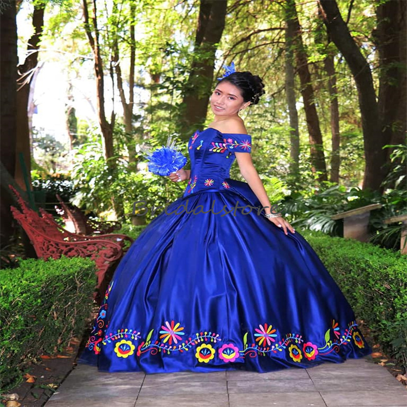 Mexican Blue Embroidery Quinceanera Dresses 2023 Off Shoulders Satin Flower Sweet Para Vestido De 15 Anos Ballkleider Xv Party Debutante Vestidos 15 a