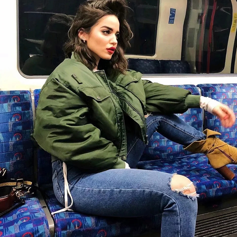 Women's Jackets stylish lady autumn winter merodi green short jacket fashion long sleeve zipper bomber outwear women's coat 230811