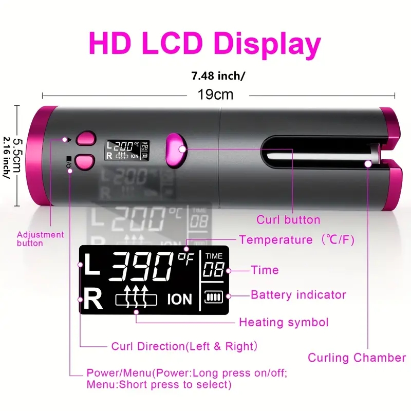 Automatic Curling Iron, Cordless Auto Hair Curler, Ceramic Rotating Hair Curler With 6 Temps & Timers, Portable Rechargeable Curling Wand,Fast Heating