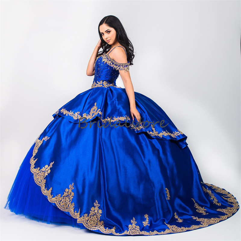 Beautiful Royal Blue Quinceanera Dresses 2023 Spaghetti Straps Puffy Vestidos De 15 Quinceanera Xv Mexican Gold Lace Birthday Mexican Debutante Vestid