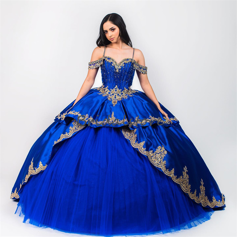 Beautiful Royal Blue Quinceanera Dresses 2023 Spaghetti Straps Puffy Vestidos De 15 Quinceanera Xv Mexican Gold Lace Birthday Mexican Debutante Vestid