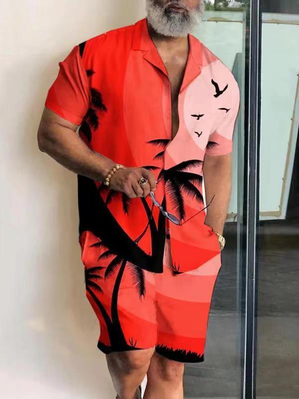 Men's Tracksuits Men High Quality Hawaiian Sets Summer Print Short Sleeve Shirt Beach Button Shorts Streetwear Holiday Men's Two Piece Suit 