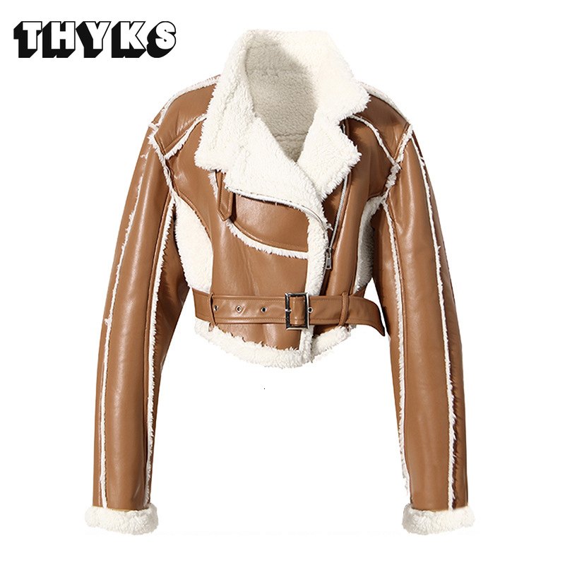 Women's Jackets High Street Biker Short Jacket Fashion Thick Warm PU Leather Ladies Retro Belt Long Sleeve Chic Top 230812