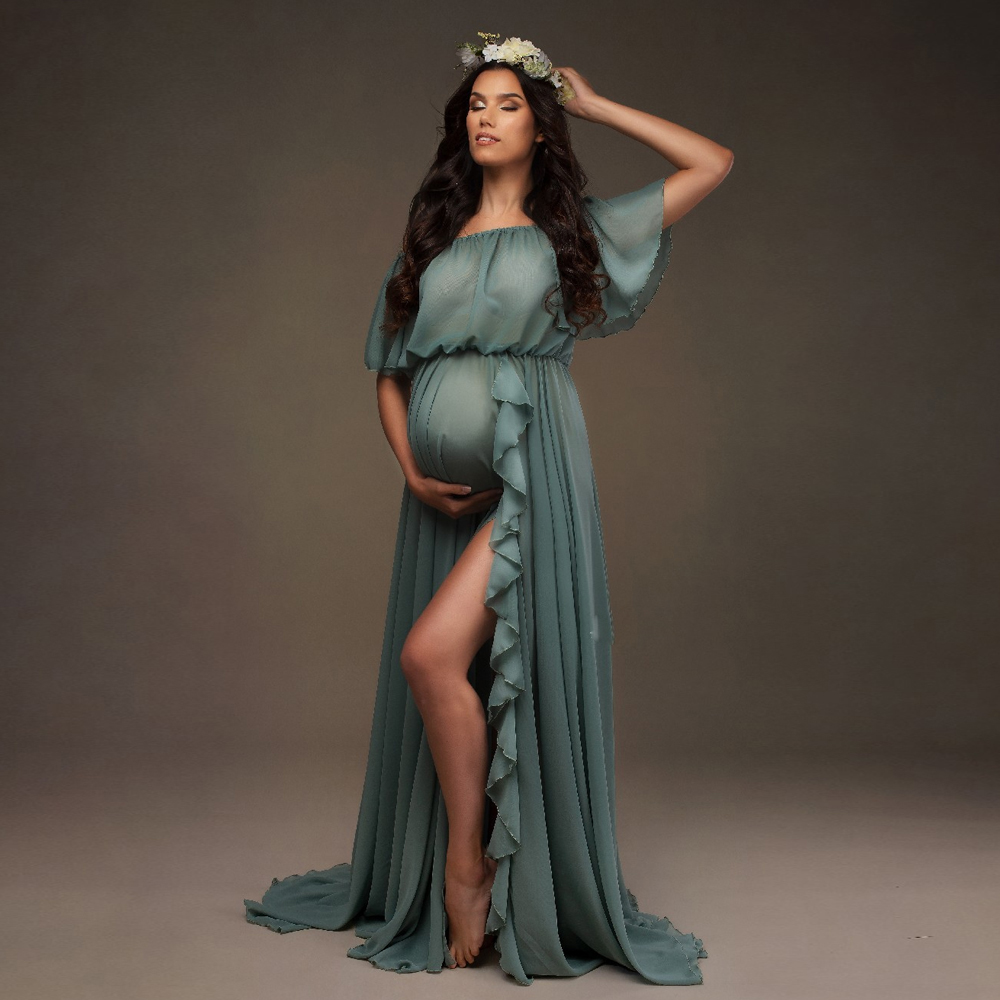 Off the Shoulder Pregnancy Bridal Robe Ruffle Sleeve Chiffon Maternity Photography Dress Bohemian Side Split Baby Shower Wear