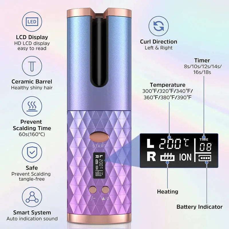 Cordless Automatic Curling Iron with 6 Temperatures and Timers - Portable Rechargeable Curling Wand with Fast Heating and Auto Shut Off
