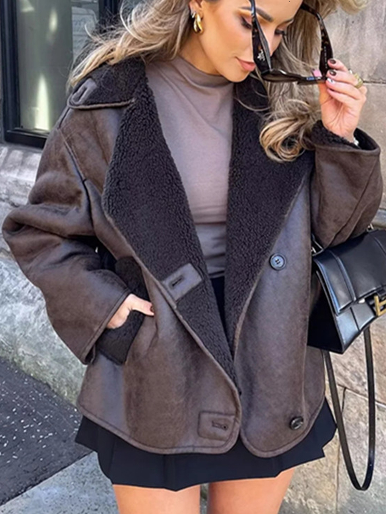 Women's Jackets Cotvotee leather jacket women Winter Lamb Wool Jacket Vintage Turn Down Collar Single Breasted Loose Streetwear 230812
