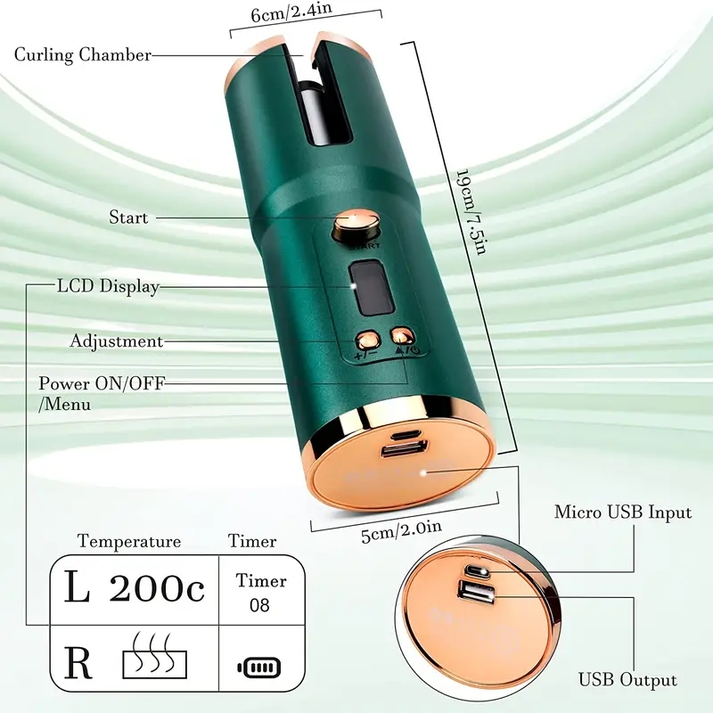 Rechargeable Automatic Curling Iron with LCD Display and Timer Settings - Perfect for Long Hair Styling