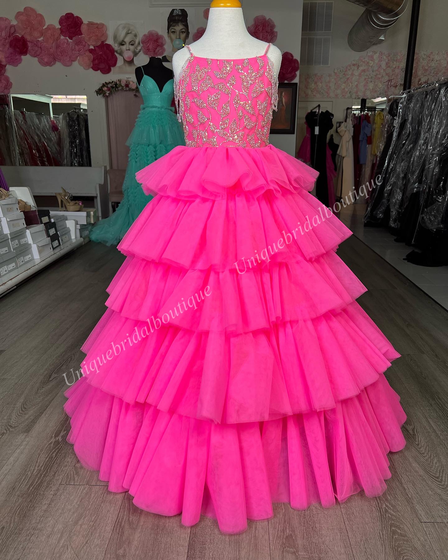Hot Pink Ballgown Girl Pageant Dress 2025 Crystals Beading Straps Ruffles Tulle Little Kid Birthday Formal Party Gown Infant Toddler Teens Tiny Young 