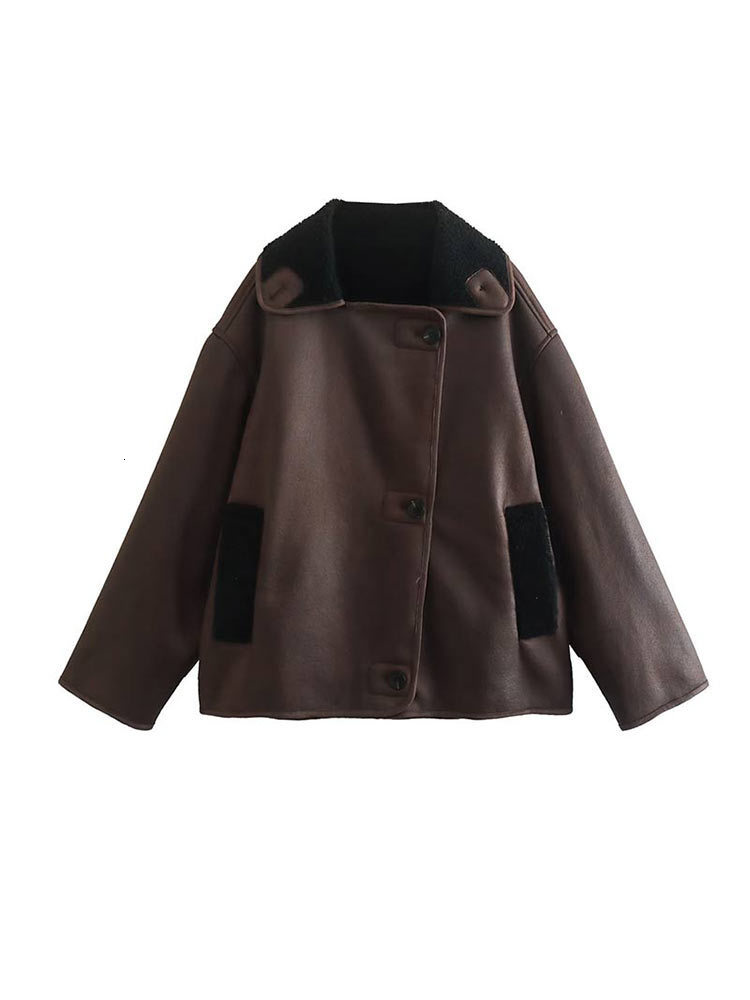 Women's Jackets Cotvotee leather jacket women Winter Lamb Wool Jacket Vintage Turn Down Collar Single Breasted Loose Streetwear 230812