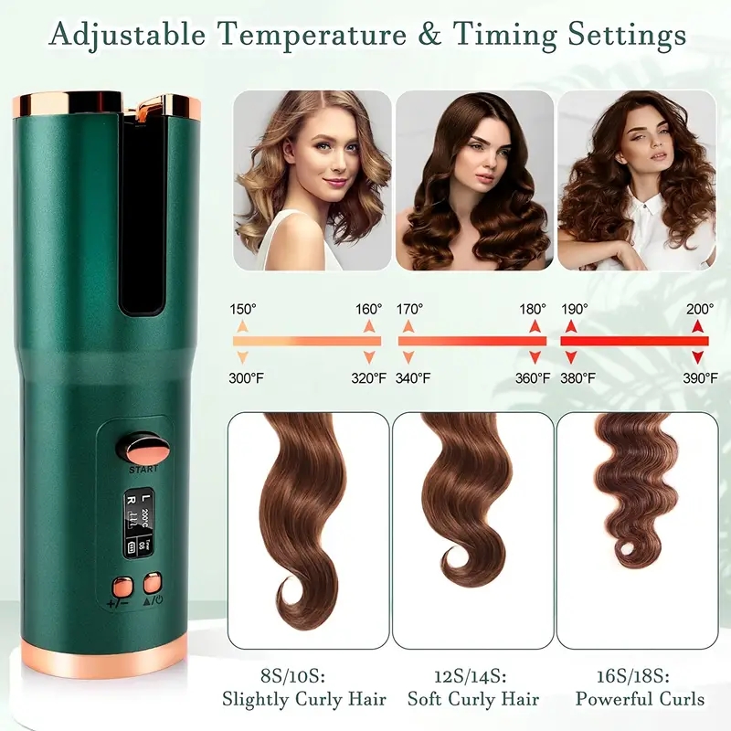 Rechargeable Automatic Curling Iron with LCD Display and Timer Settings - Perfect for Long Hair Styling