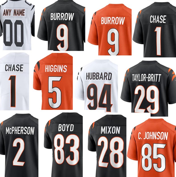 Football Jerseys 9 Joe Burrow 5 Tee Higgins 1 Ja'Marr Chase 94 Sam Hubbard 29 Cam Taylor-Britt 83 Tyler Boyd 28 Joe Mixon 2 Evan McPherson 7 Boomer Esiason