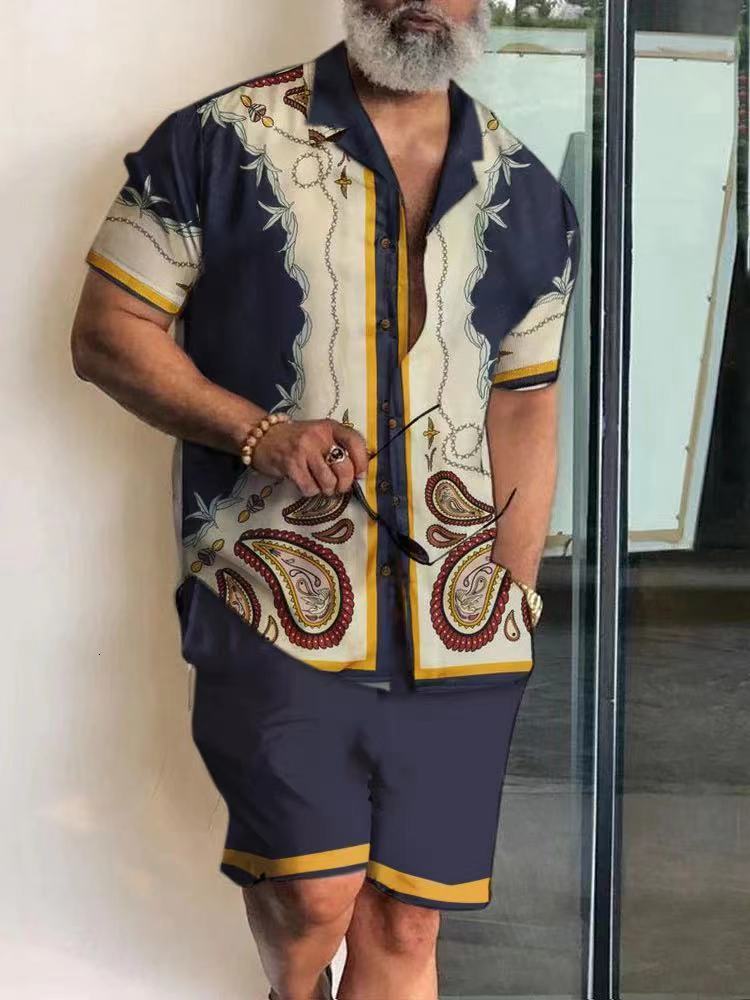 Men's Tracksuits Men High Quality Hawaiian Sets Summer Print Short Sleeve Shirt Beach Button Shorts Streetwear Holiday Men's Two Piece Suit 