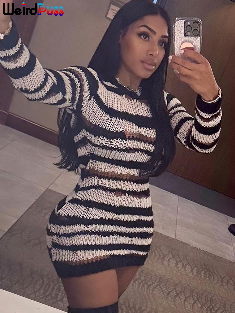 Basic Casual Dresses Weird Puss Knit Striped Dress Women Autumn Trend Ripped Long Sleeve oNeck Sweater Bodycon Streetwear Stretch Sexy Thin Clothes 23